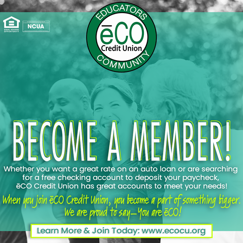 Become a member! Whether you want a great rate on an auto loan or are searching for a free checking account to deposit your paycheck, eCO Credit Union has great accounts to meet your needs. When you join eCO Credit Union, you become a part of something bigger. We are proud to say- you are eCO!